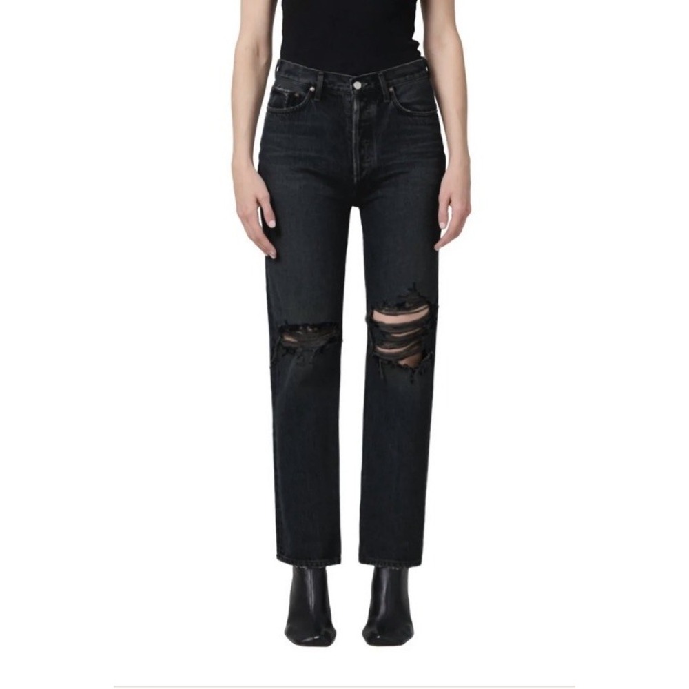 NWT AGOLDE Sz 24 Jeans 90's Pinch Waist High Rise Straight Black Distressed New